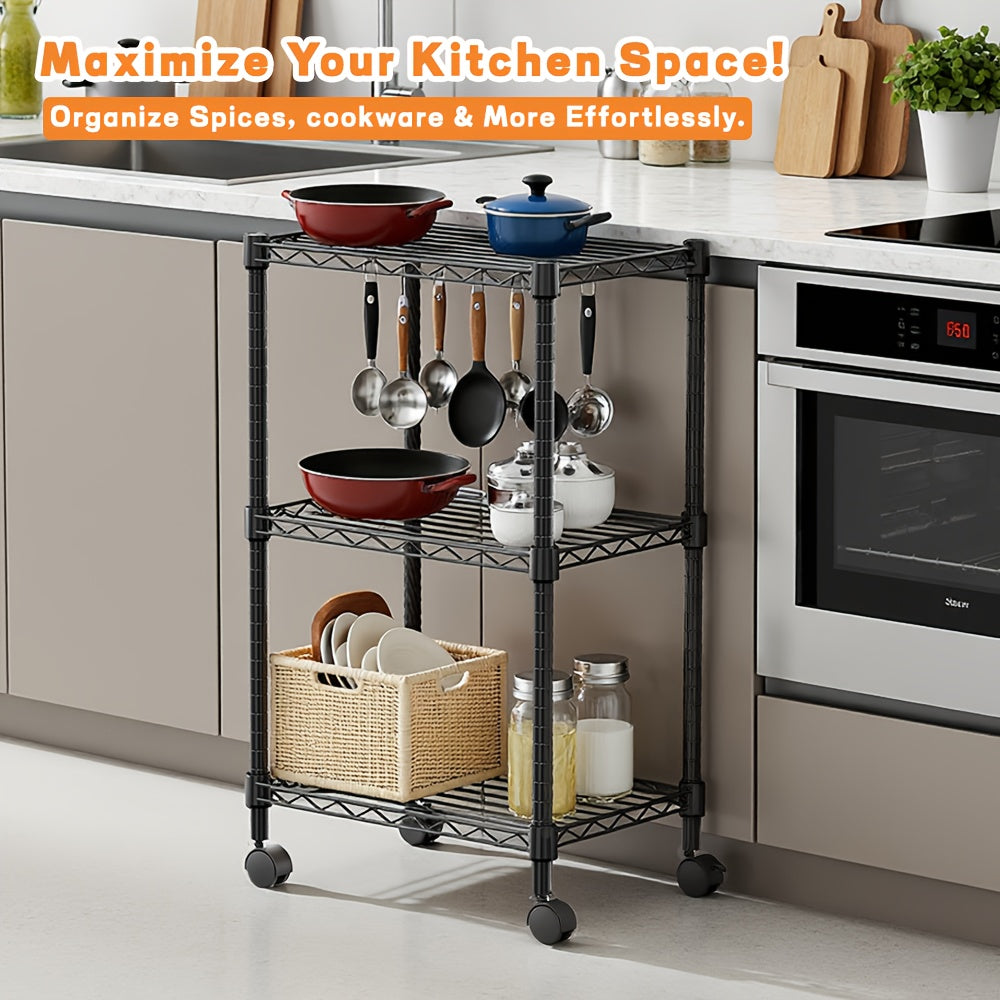 Adjustable Height Heavy-Duty Steel Wire Shelving Unit with 4-Wheel Mobility & Leveling Feet - 3-Tier Metal Storage Shelves with Chrome Finish, Space-Saving Freestanding Organizer for Kitchen, Bathroom, Garage, Laundry Room -