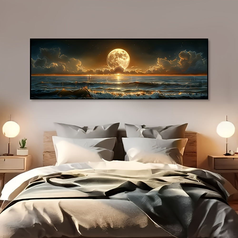 Classic Retro Farmhouse Style Moonlit Sea Landscape Canvas Poster Art Print, Frameless Transverse Wall Decor for Kitchen, Home Office, Bathroom, Living Room, Bedroom - Indoor & Outdoor Suitable-Father's Day Gift