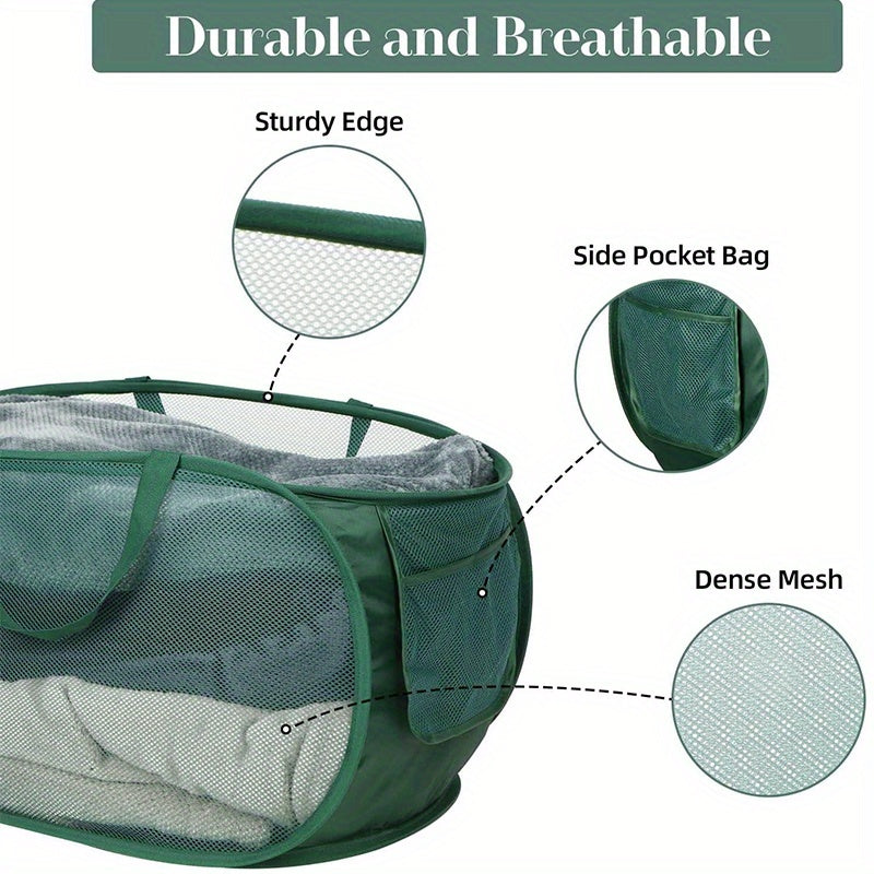 Upgraded Reinforced Portable Dirty Clothes Basket & Hollow Toy Storage Basket - Featuring a Sturdy Mesh Pop-Up Laundry Basket with Side Pockets, Suitable for Laundry Rooms, Bathrooms, Kids' Rooms, Dorms, or Travel.