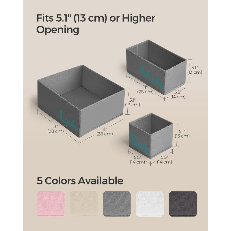 Dove Gray Drawer Organizer, Set of 12 Foldable Fabric Storage Bins for Socks, Underwear, Bras, Ties, Scarves, Dresser Drawer Organizers