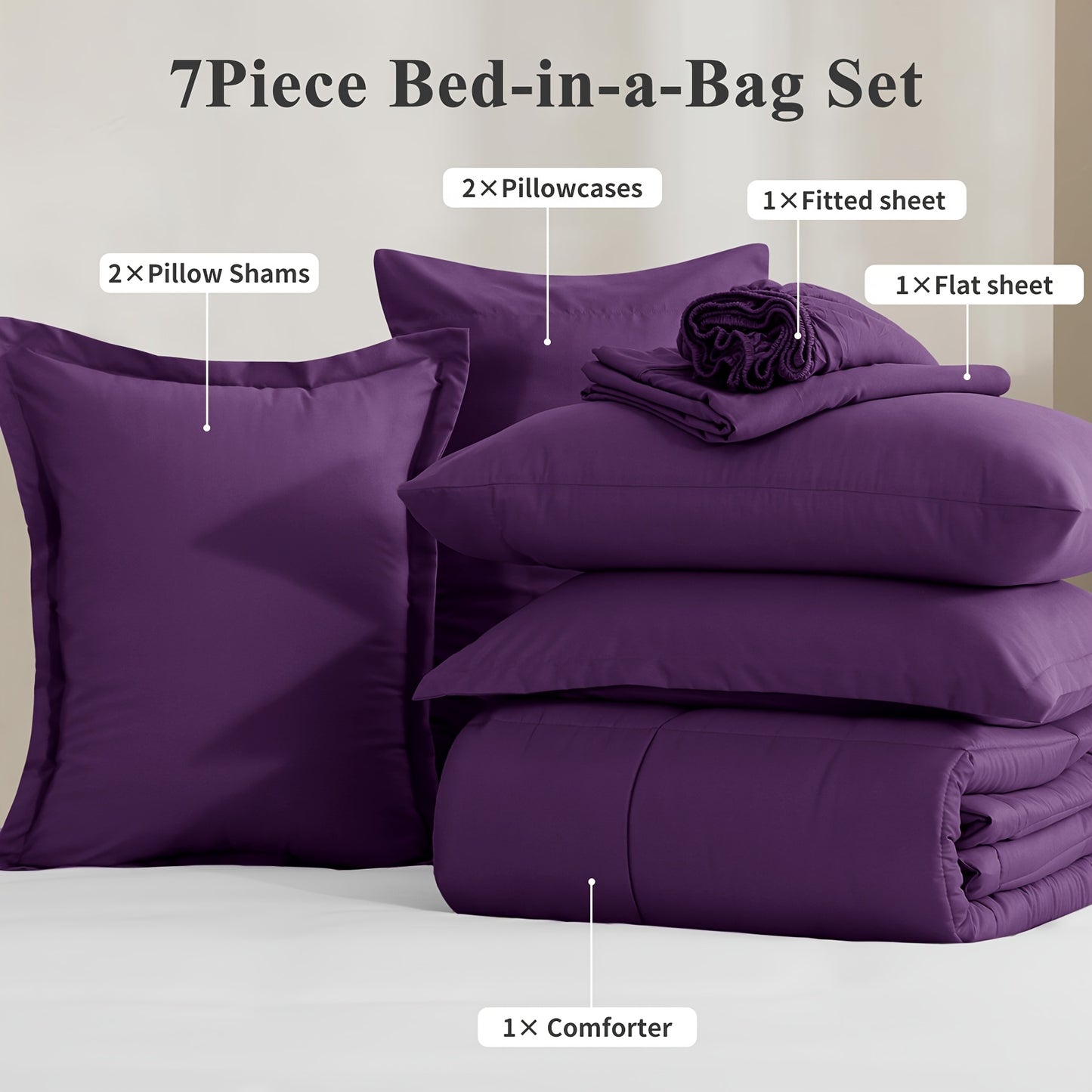 7pcs Ultra-Soft Bed In A Bag, Down Alternative Bedding Sets with All Season Quilted Comforter, Flat Sheet, Fitted Sheet, Pillowcases - Gifts for The Family And Friends, RUIKASI, Machine Washable, Polyester 100, Acrylic 15, Sa