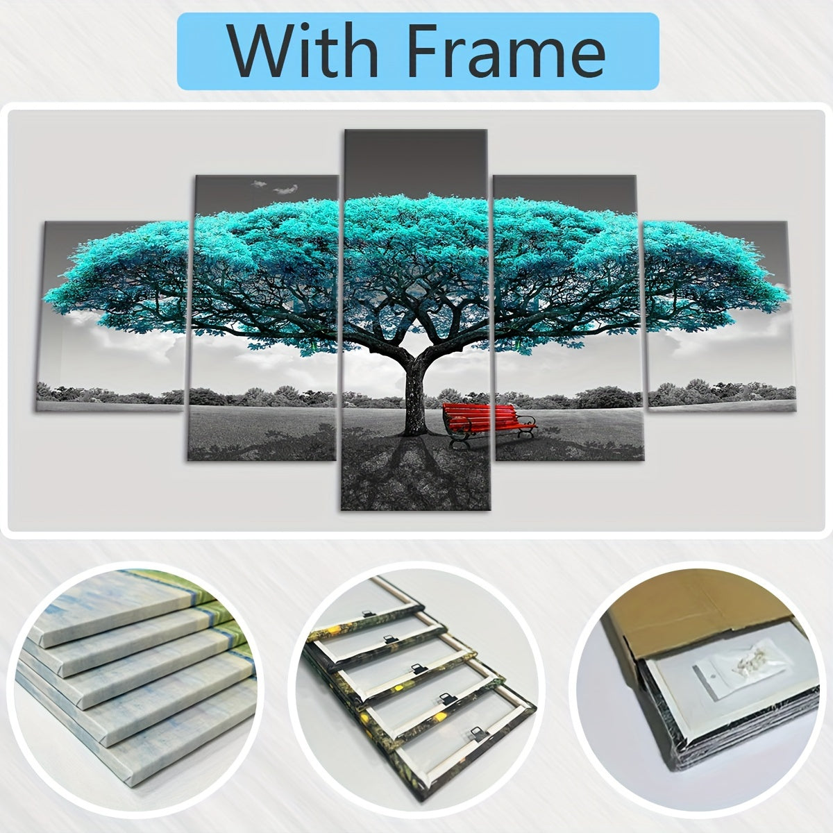 5pcs Frame Green Happiness Tree Canvas Poster, Five Panel Scene Art, Modular Picture, Print Painting, Modern Art, Ideal Decor for Bedroom Living Room Kitchen Dorm, Wall Decoration, Gift for Family Friends, Murals, Waterproof,