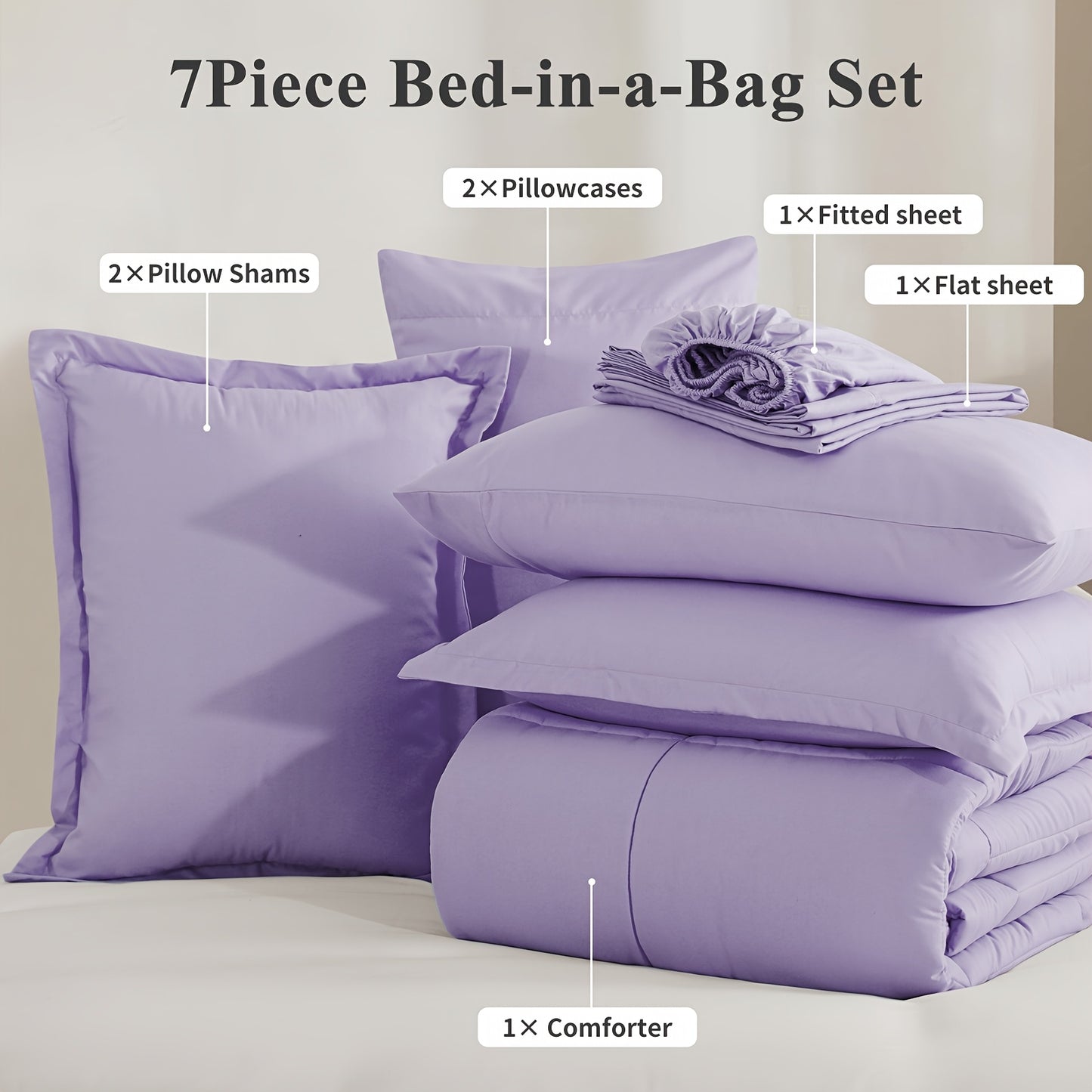7pcs Ultra-Soft Bed In A Bag, Down Alternative Bedding Sets with All Season Quilted Comforter, Flat Sheet, Fitted Sheet, Pillowcases - Gifts for The Family And Friends, RUIKASI, Machine Washable, Polyester 100, Acrylic 15, Sa
