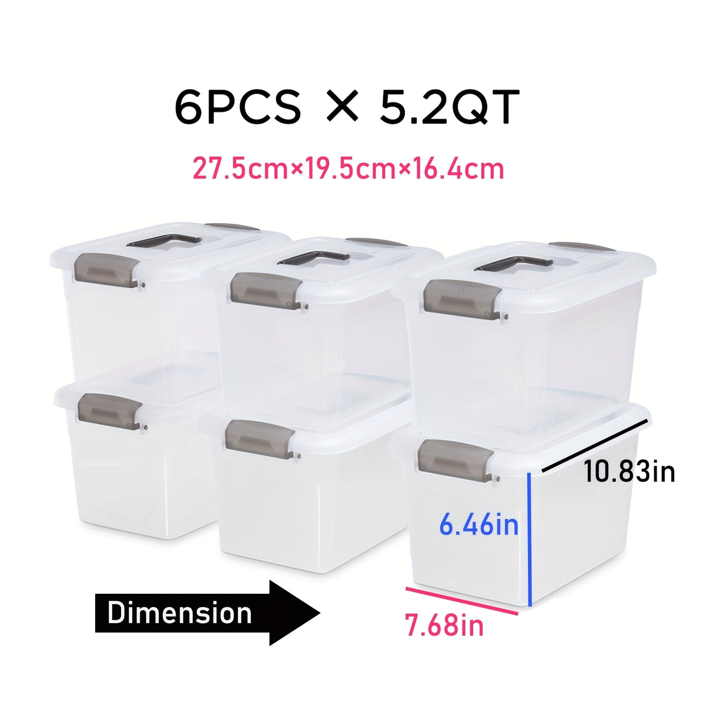 6pcs Transparent Plastic Storage Box, Stackable Storage Container with Lock Cover And Handle, for Organizing Toys, Books, Beads, Pantry Items, Multi-purpose Home Storage Accessories