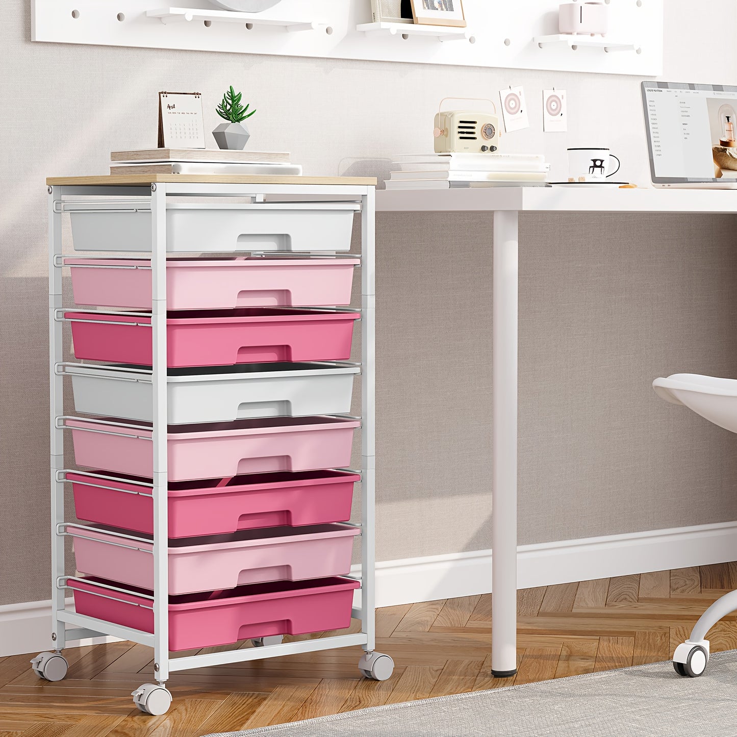 Rolling Storage Cart with Drawers, Utility Cart with 8 Drawers And Tabletop, Rolling Drawer Cart, Storage Drawer Cart for Living Room, Classroom, Bedroom, Bathroom, Dorm, Office, Dark Grey
