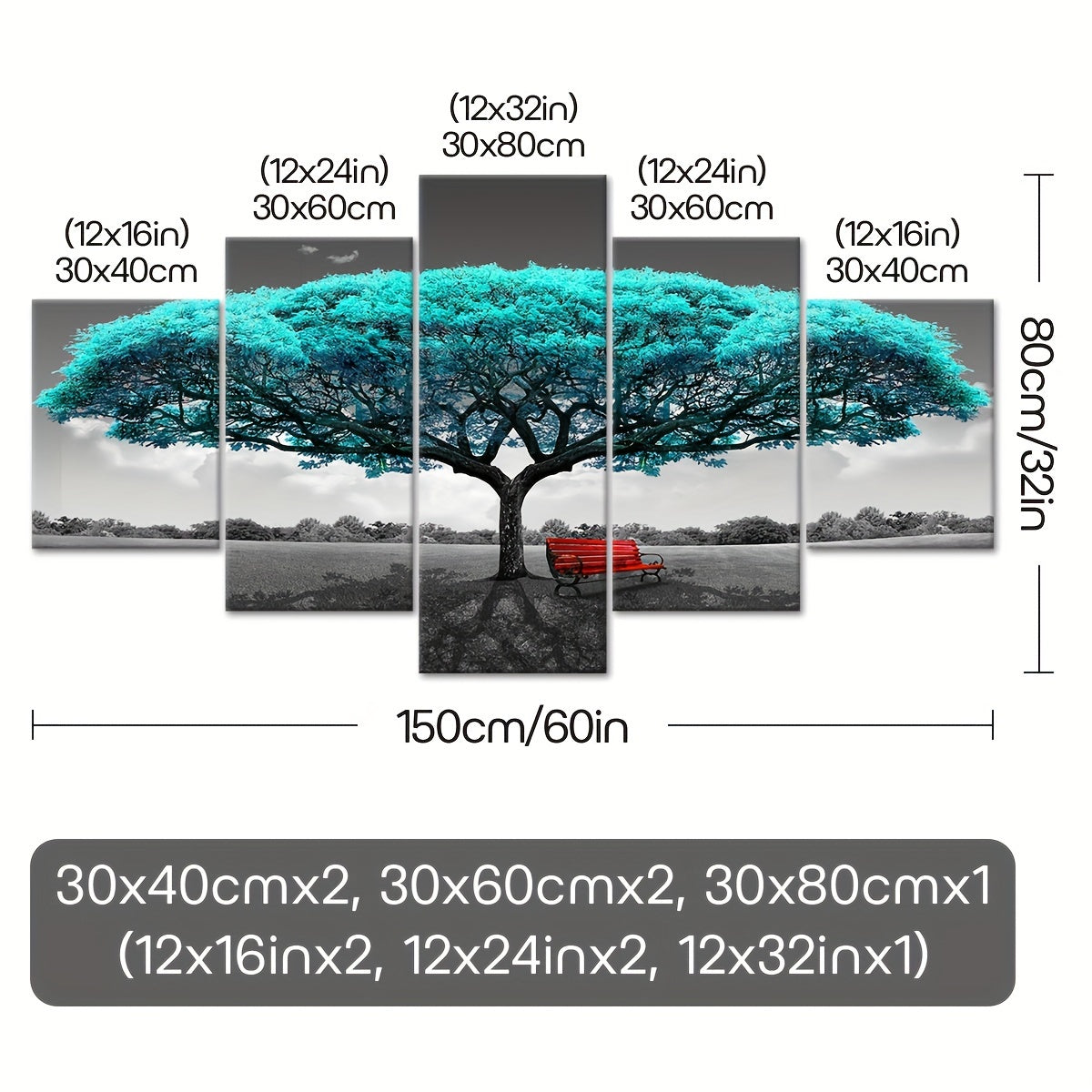 5pcs Frame Green Happiness Tree Canvas Poster, Five Panel Scene Art, Modular Picture, Print Painting, Modern Art, Ideal Decor for Bedroom Living Room Kitchen Dorm, Wall Decoration, Gift for Family Friends, Murals, Waterproof,