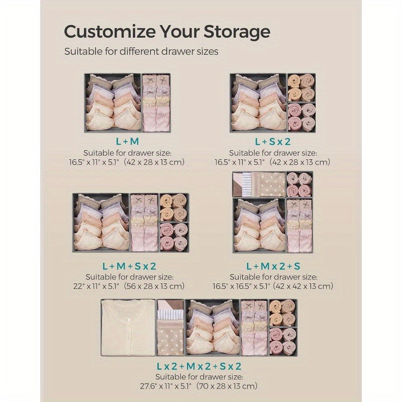 Dove Gray Drawer Organizer, Set of 12 Foldable Fabric Storage Bins for Socks, Underwear, Bras, Ties, Scarves, Dresser Drawer Organizers