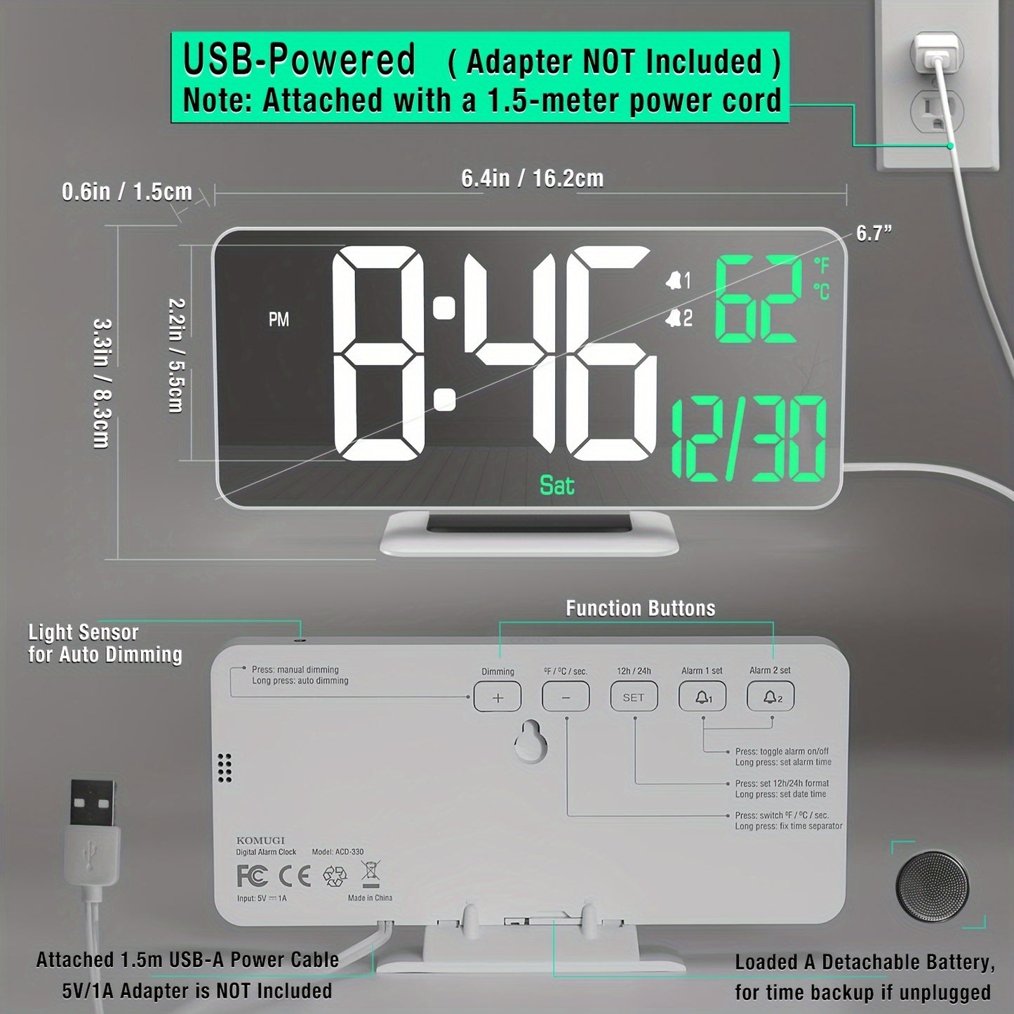 1pc Alarm Clock For Bedroom, 6. 7" Desk Digital Clock, Led Clock, Mirror Clock, Dual Alarm Clock For Living Room With Seconds, Date, Week, 12/24h, Dimming
