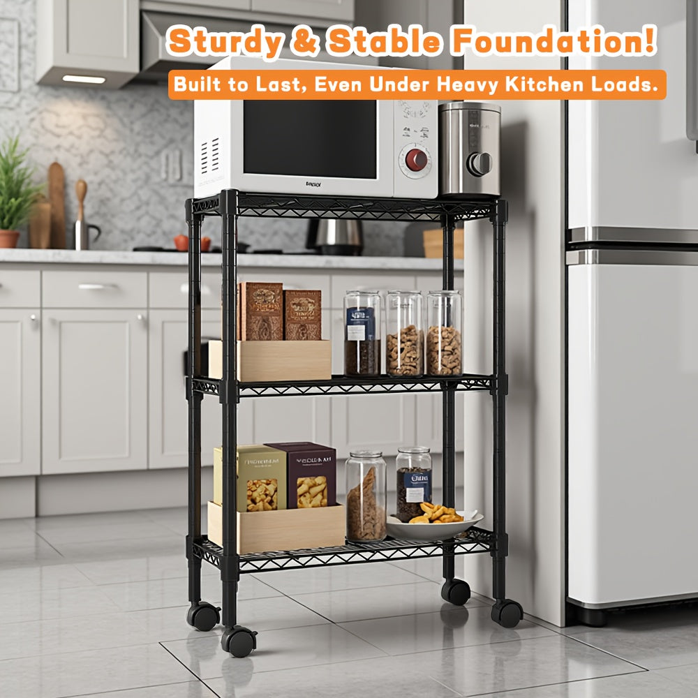 Adjustable Height Heavy-Duty Steel Wire Shelving Unit with 4-Wheel Mobility & Leveling Feet - 3-Tier Metal Storage Shelves with Chrome Finish, Space-Saving Freestanding Organizer for Kitchen, Bathroom, Garage, Laundry Room -