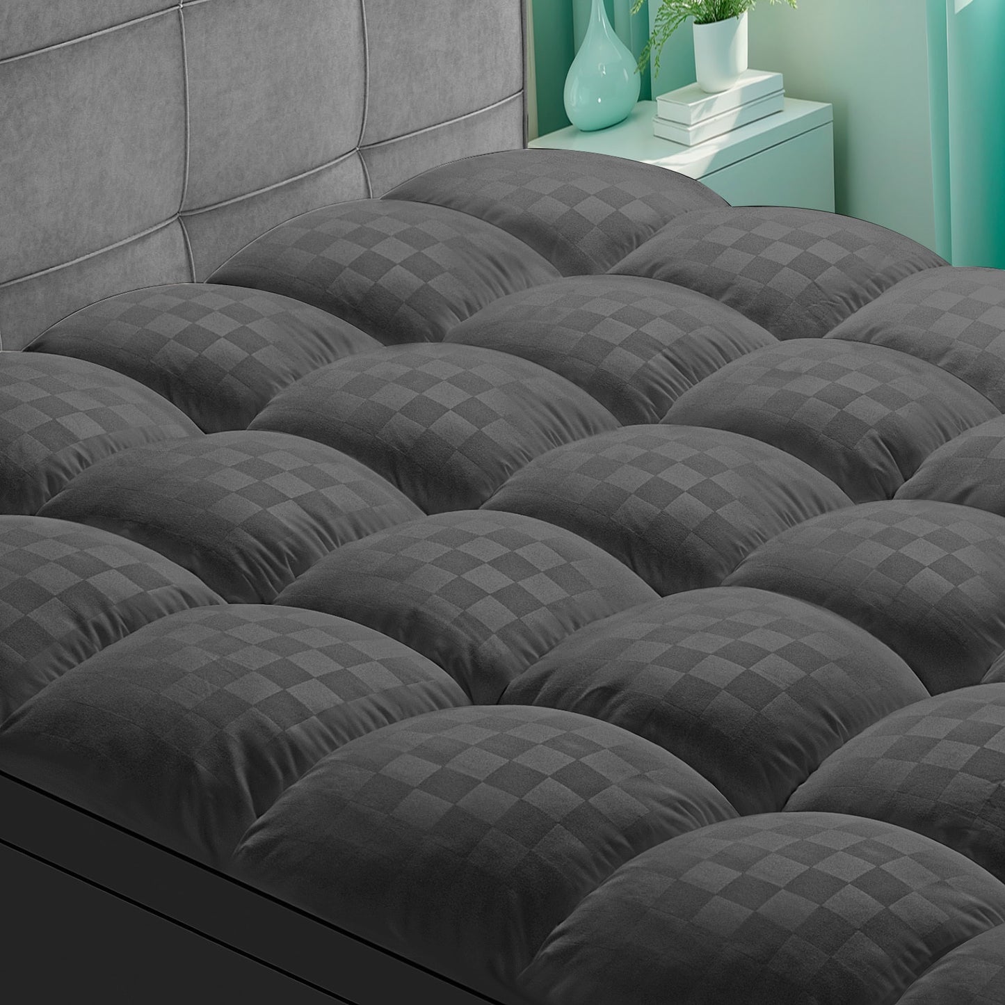 1500GSM Ultra - Thick Microfiber Checkered Mattress Topper & Protector - Deep Pockets, 21.7D Tight Fit, Soft Down - Alternative Fill, Machine Washable, Single Mattress Cover, Futon Mattress Cover, Super King Mattress Protecto