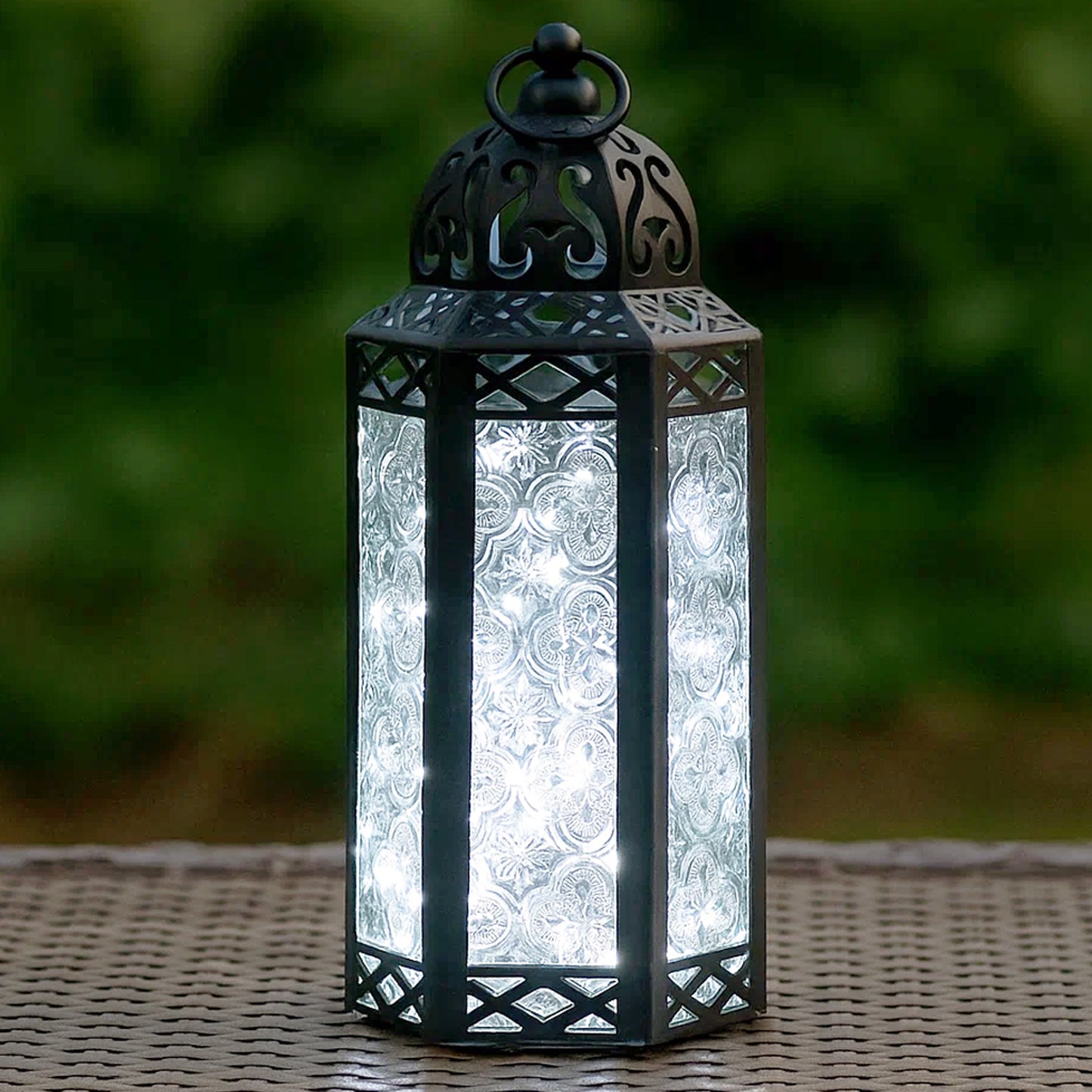 Stunning Ambient Lighting Safe and Stylish Glass Metal Moroccan Candle Lantern Holder Lamp with Battery-Operated LED Lights plus Remote Control – Handcrafted Lantern with Intricate Design and Embossed Glass, Indoor Home Dec