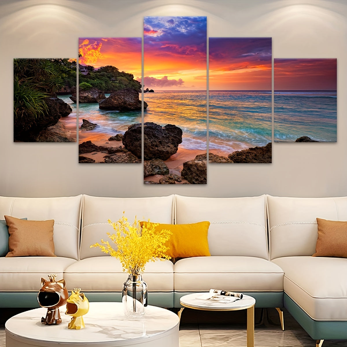 5pcs Frame Nature Seaside Lakes Canvas Poster, Sunrise Sunset Sea View Five Panel Scene Art, Modular Picture, Print Painting, Modern Art, Ideal Decor for Bedroom Living Room Kitchen Dorm, Wall Decoration, Gift for Family Frie
