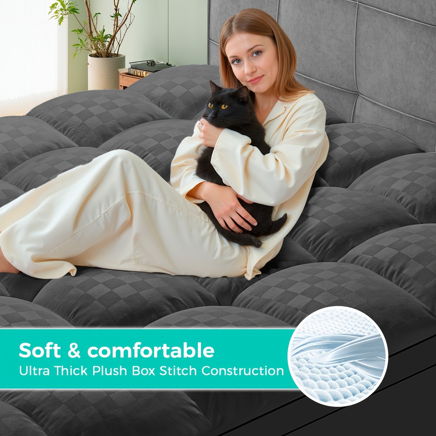 1500GSM Ultra - Thick Microfiber Checkered Mattress Topper & Protector - Deep Pockets, 21.7D Tight Fit, Soft Down - Alternative Fill, Machine Washable, Single Mattress Cover, Futon Mattress Cover, Super King Mattress Protecto