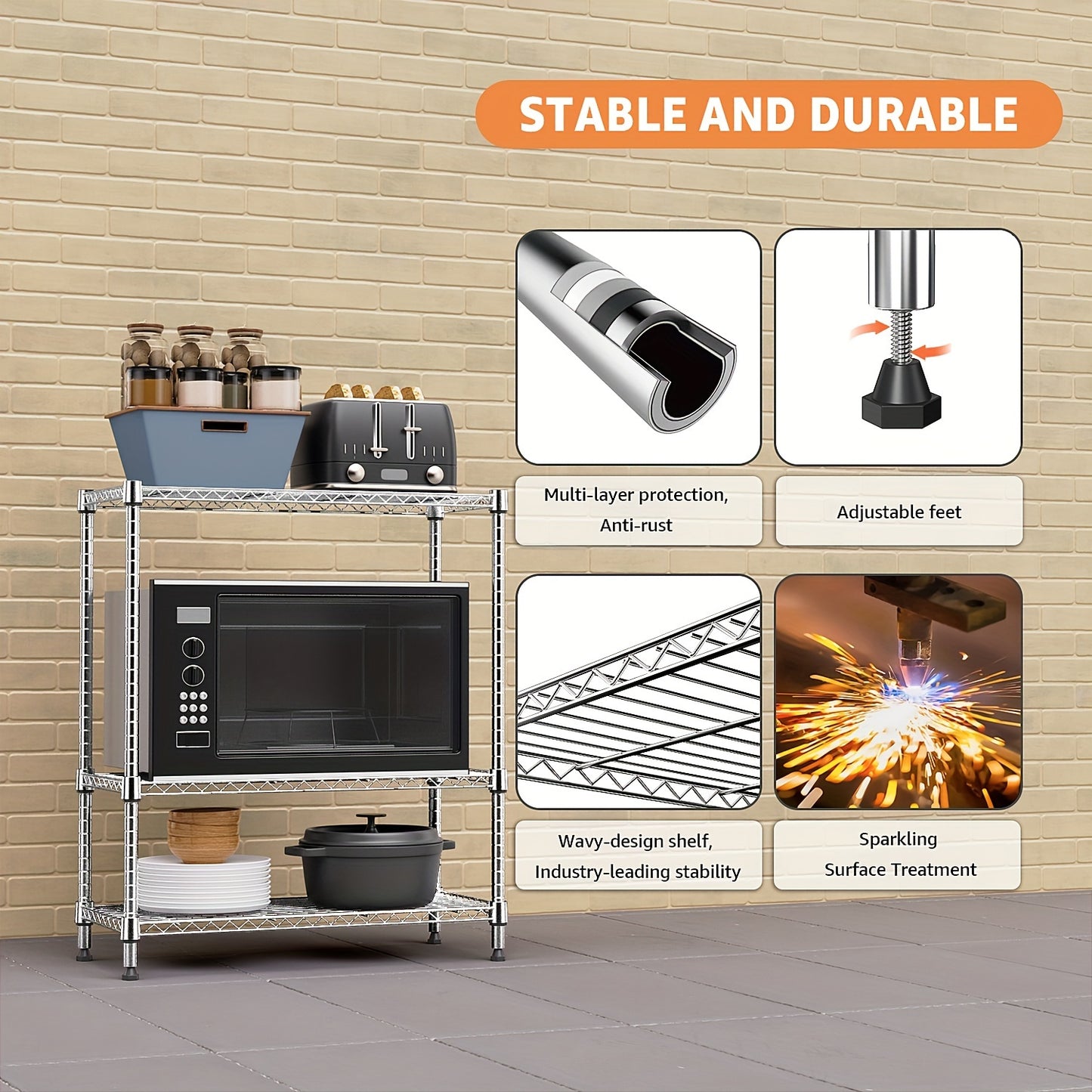 Chrome Steel 3-Tier Adjustable Metal Storage Wire Rack (15.75"D X 23.62"W X 35.51"H) for Home, Kitchen, Office, Garage, Bookshelf, Vanity, Side Table, Shoe Storage Cabinet, Mailbox Shelf, Home & Room Decor, Furniture