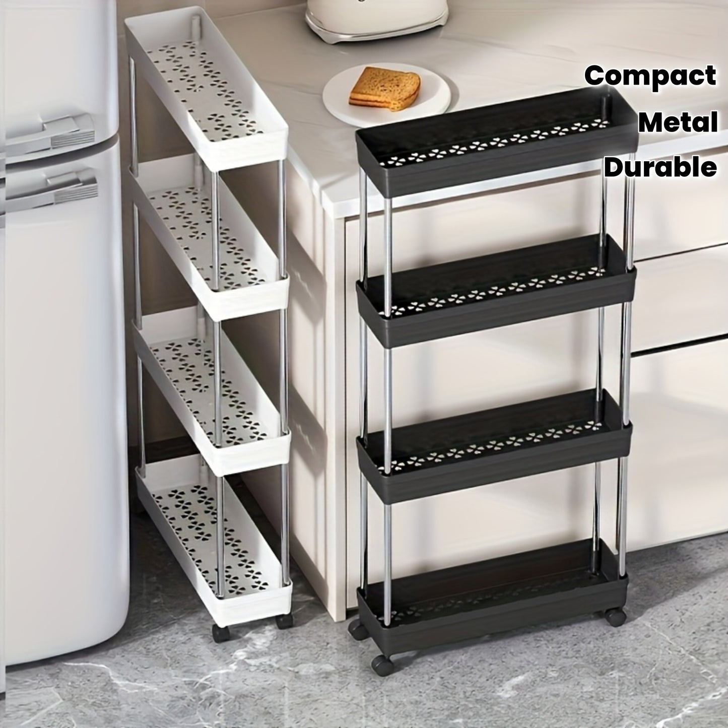 3-Tier Slim Rolling Storage Cart - Metal & Plastic Frame, Compact Narrow Design, Easy Assembly, Multi-Functional Vertical Organizer for Kitchen, Bathroom, Laundry Room, Living Room - Mobile Storage Unit, Minimalist Shelf, Dur