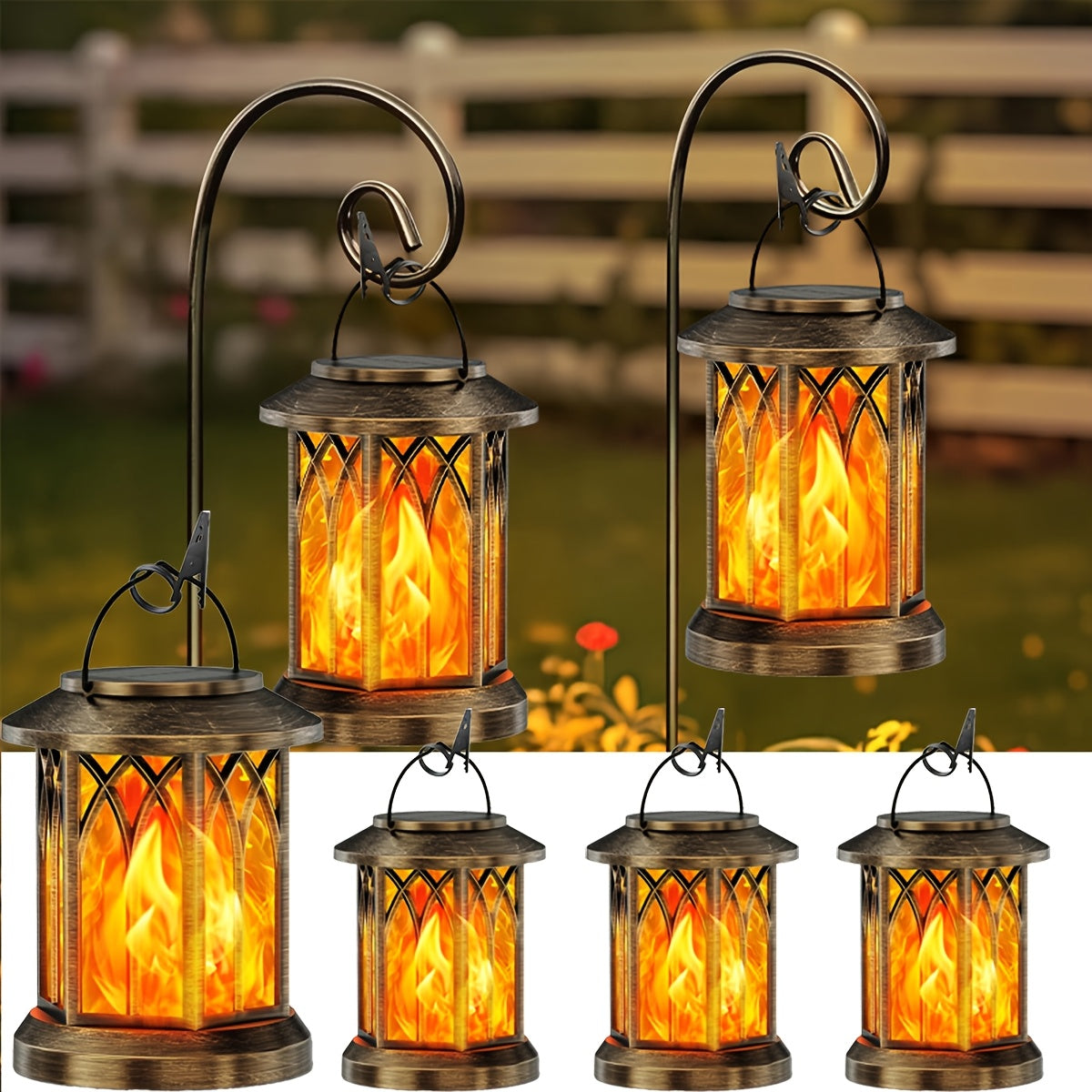 2pcs Solar Lantern Lights Outdoor, Upgraded Flickering Flame Effect,, Hanging Solar Powered Lanterns for Yard and Garden Decor, Black and Bronze, Outdoor Lights