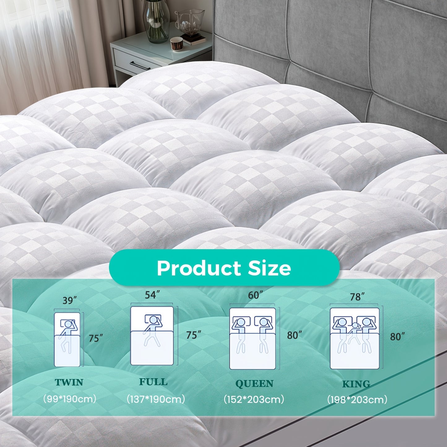 1500GSM Ultra - Thick Microfiber Checkered Mattress Topper & Protector - Deep Pockets, 21.7D Tight Fit, Soft Down - Alternative Fill, Machine Washable, Single Mattress Cover, Futon Mattress Cover, Super King Mattress Protecto