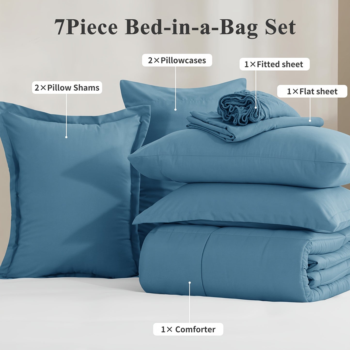7pcs Ultra-Soft Bed In A Bag, Down Alternative Bedding Sets with All Season Quilted Comforter, Flat Sheet, Fitted Sheet, Pillowcases - Gifts for The Family And Friends, RUIKASI, Machine Washable, Polyester 100, Acrylic 15, Sa