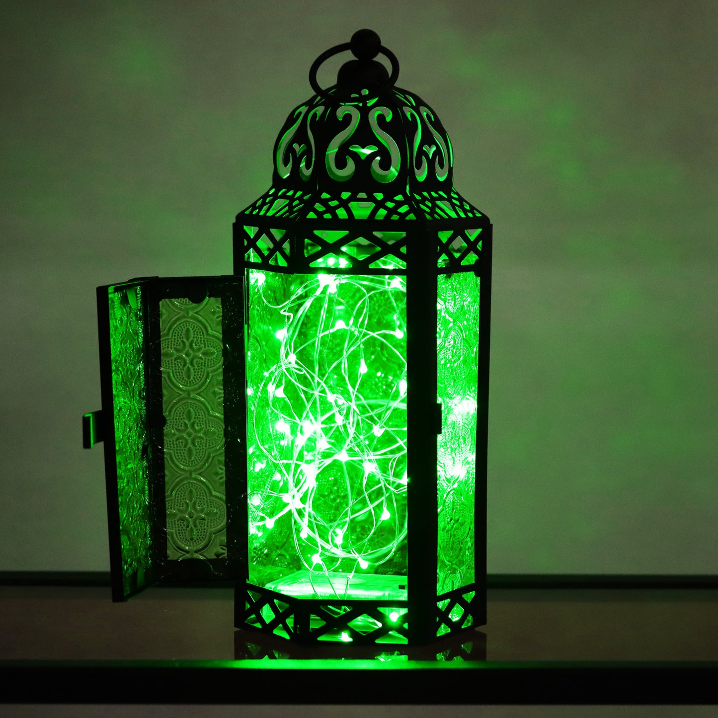 Stunning Ambient Lighting Safe and Stylish Glass Metal Moroccan Candle Lantern Holder Lamp with Battery-Operated LED Lights plus Remote Control – Handcrafted Lantern with Intricate Design and Embossed Glass, Indoor Home Dec