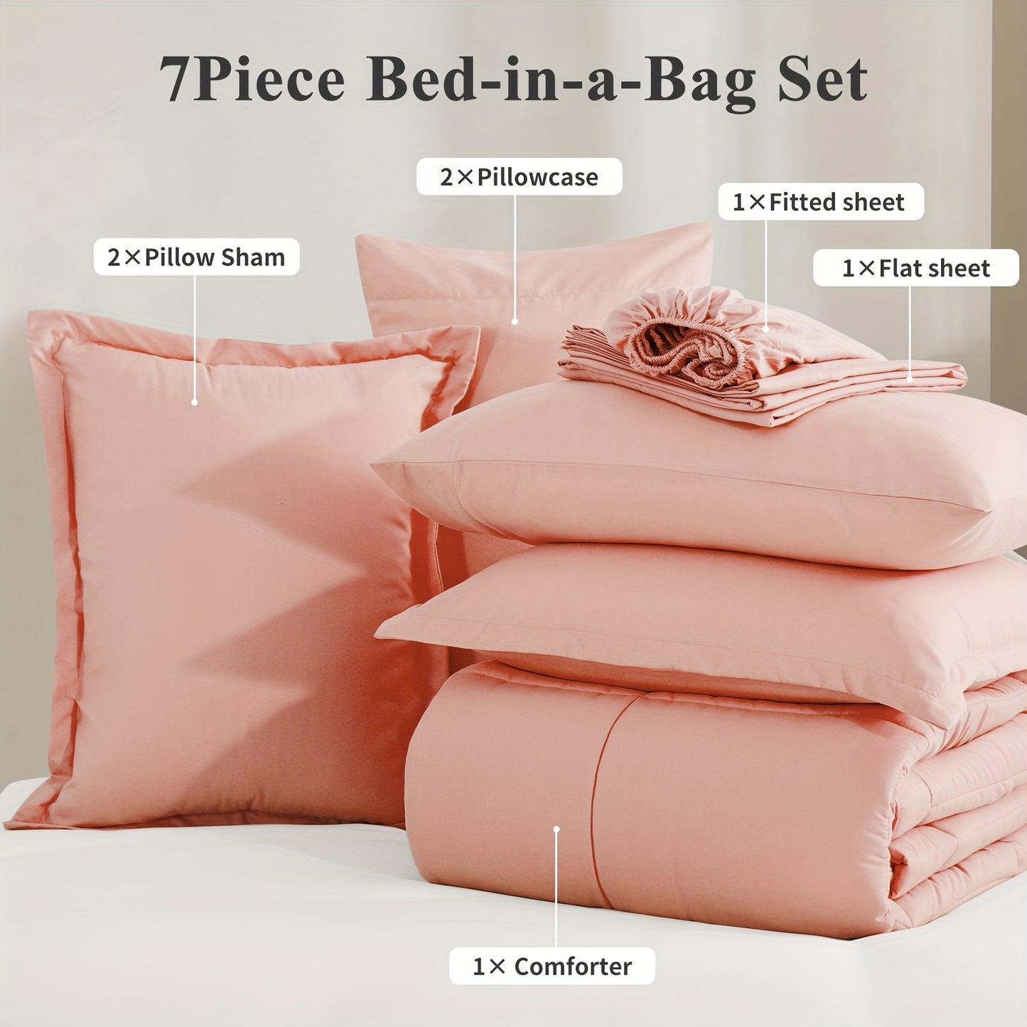 7pcs Ultra-Soft Bed In A Bag, Down Alternative Bedding Sets with All Season Quilted Comforter, Flat Sheet, Fitted Sheet, Pillowcases - Gifts for The Family And Friends, RUIKASI, Machine Washable, Polyester 100, Acrylic 15, Sa