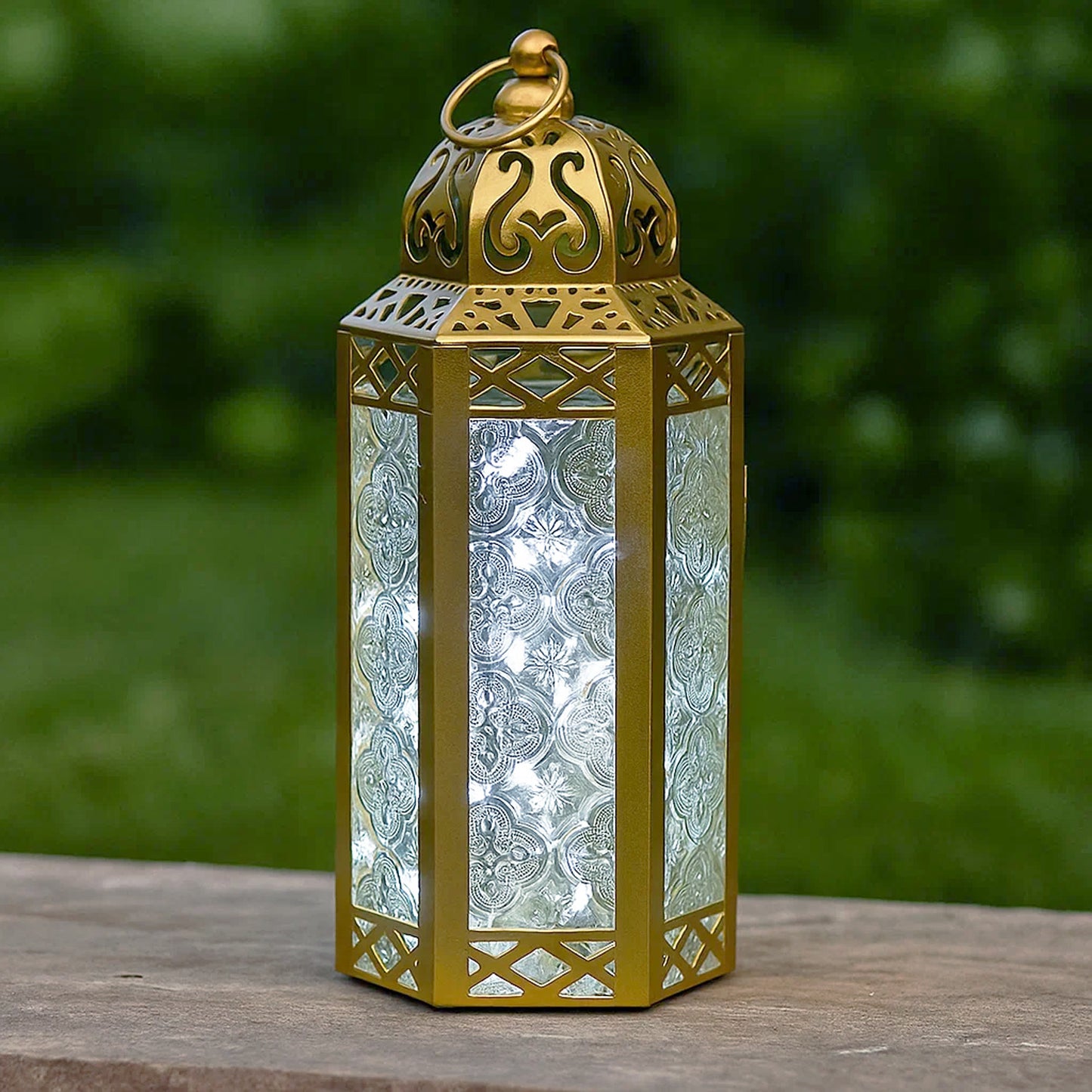 Stunning Ambient Lighting Safe and Stylish Glass Metal Moroccan Candle Lantern Holder Lamp with Battery-Operated LED Lights plus Remote Control – Handcrafted Lantern with Intricate Design and Embossed Glass, Indoor Home Dec