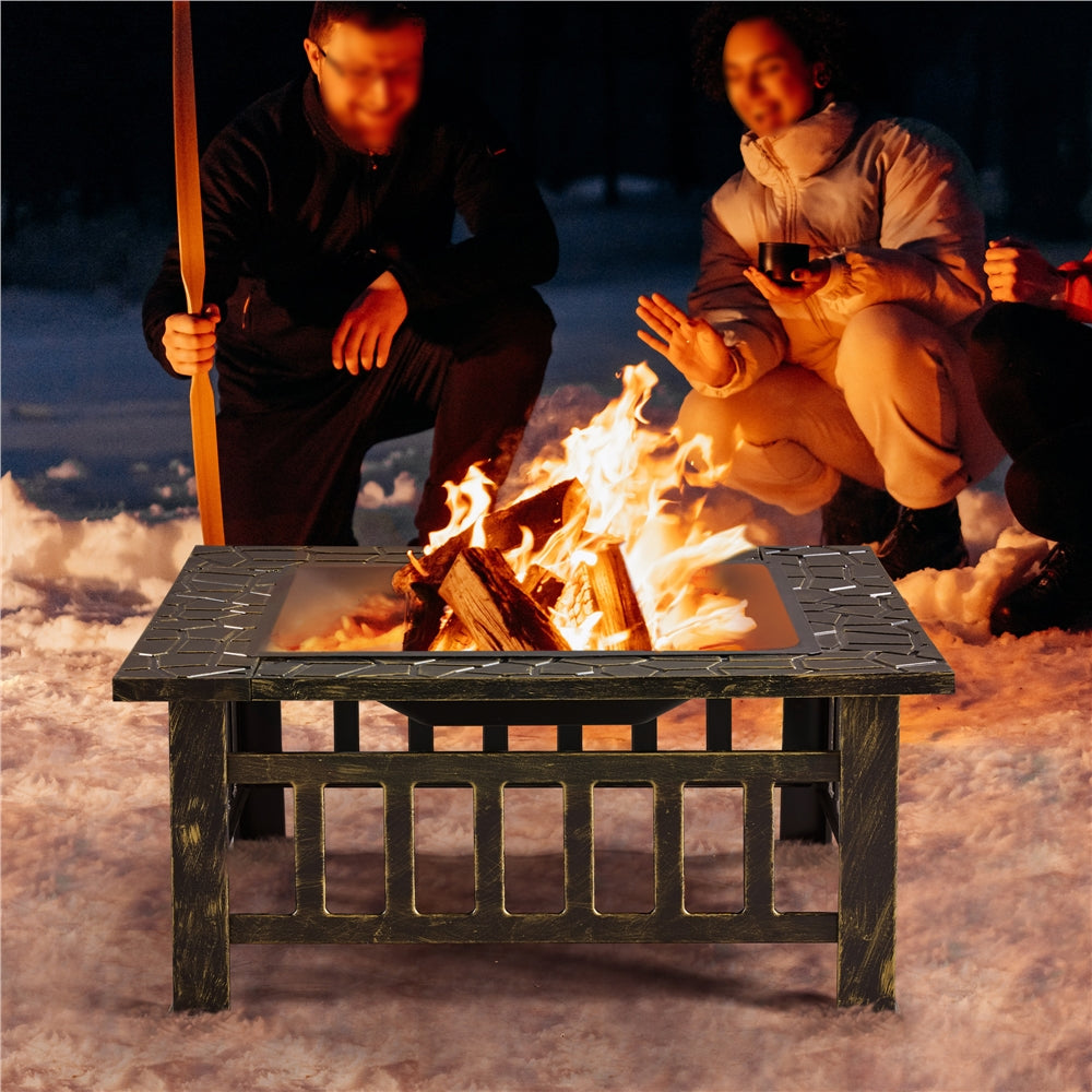 Costoffs Halloween 32in/34in Outdoor Multi-functional Fire Pit Wood Fire Pit Table for Patio Camping Square Firepit for Barbecue, Heating, Cooling w/Cover, Poker
