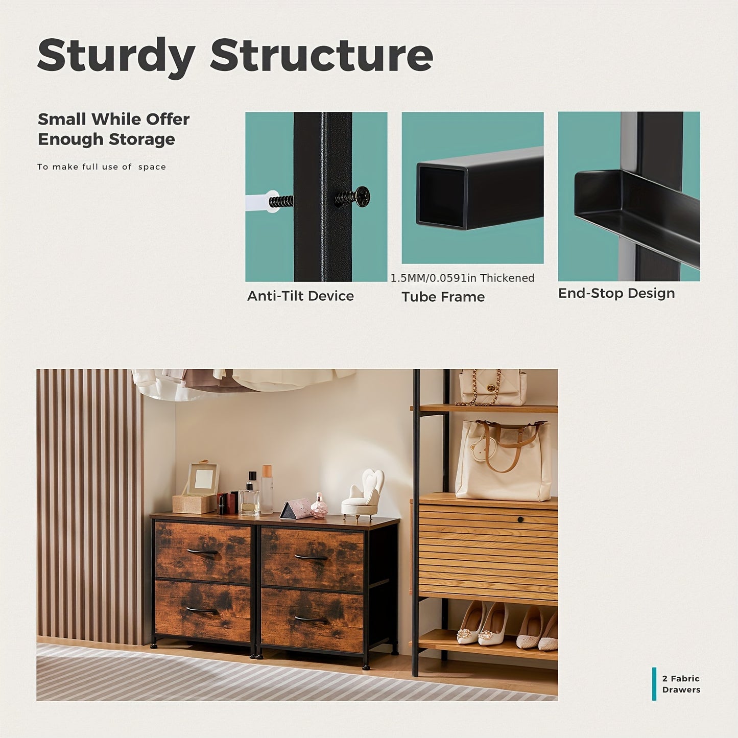 Nightstand Set Of 2, Dresser For Bedroom With 2 Drawer, Small Dresser Beside Tables, Nightstand With Removable Fabric Bins For Small Spaces, Closet, Entryway, College Dorm, 1pc/2pcs Options Available
