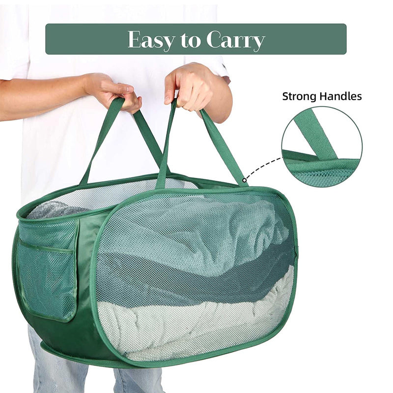 Upgraded Reinforced Portable Dirty Clothes Basket & Hollow Toy Storage Basket - Featuring a Sturdy Mesh Pop-Up Laundry Basket with Side Pockets, Suitable for Laundry Rooms, Bathrooms, Kids' Rooms, Dorms, or Travel.