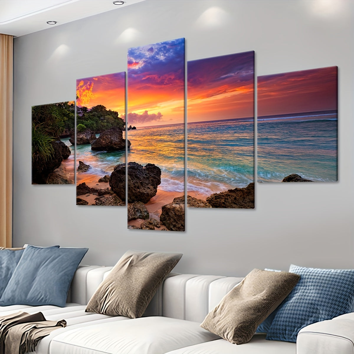 5pcs Frame Nature Seaside Lakes Canvas Poster, Sunrise Sunset Sea View Five Panel Scene Art, Modular Picture, Print Painting, Modern Art, Ideal Decor for Bedroom Living Room Kitchen Dorm, Wall Decoration, Gift for Family Frie
