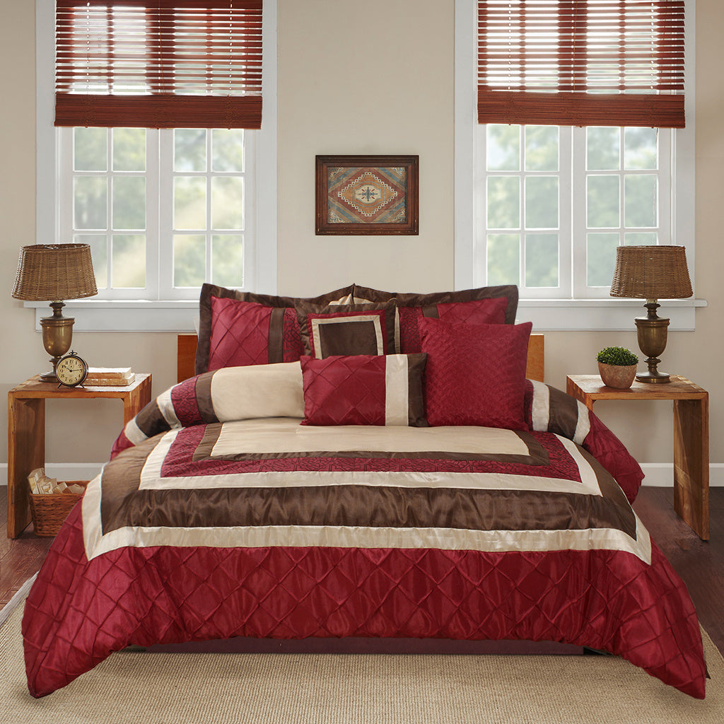 7 Piece Comforter Set -Burgundy Series Patchwork Diamond Pintuck-MYA Bed In A Bag Queen Size-Soft, Hypoallergenic, Fade Resistant-1 Comforter, 2 Shams, 3 Decorative Pillows, 1 Bedskirt