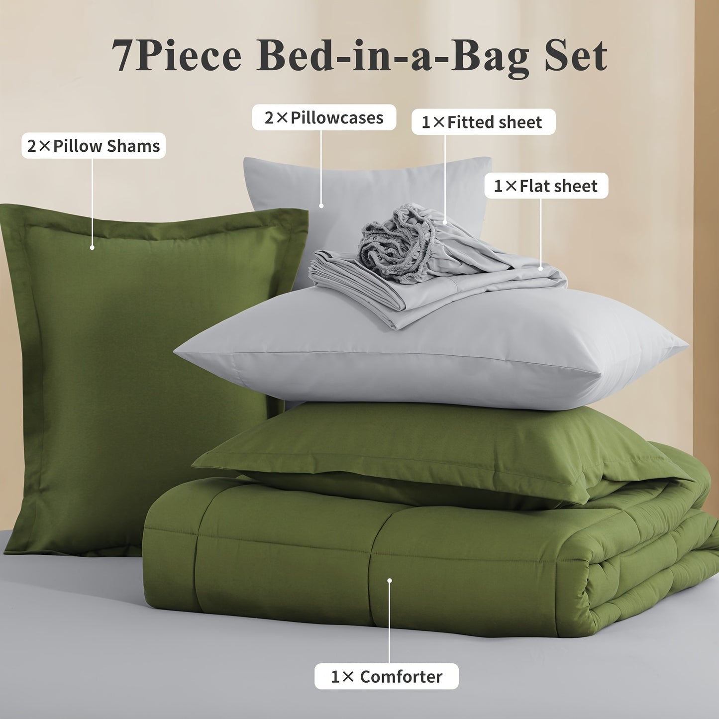 7pcs Ultra-Soft Bed In A Bag, Down Alternative Bedding Sets with All Season Quilted Comforter, Flat Sheet, Fitted Sheet, Pillowcases - Gifts for The Family And Friends, RUIKASI, Machine Washable, Polyester 100, Acrylic 15, Sa