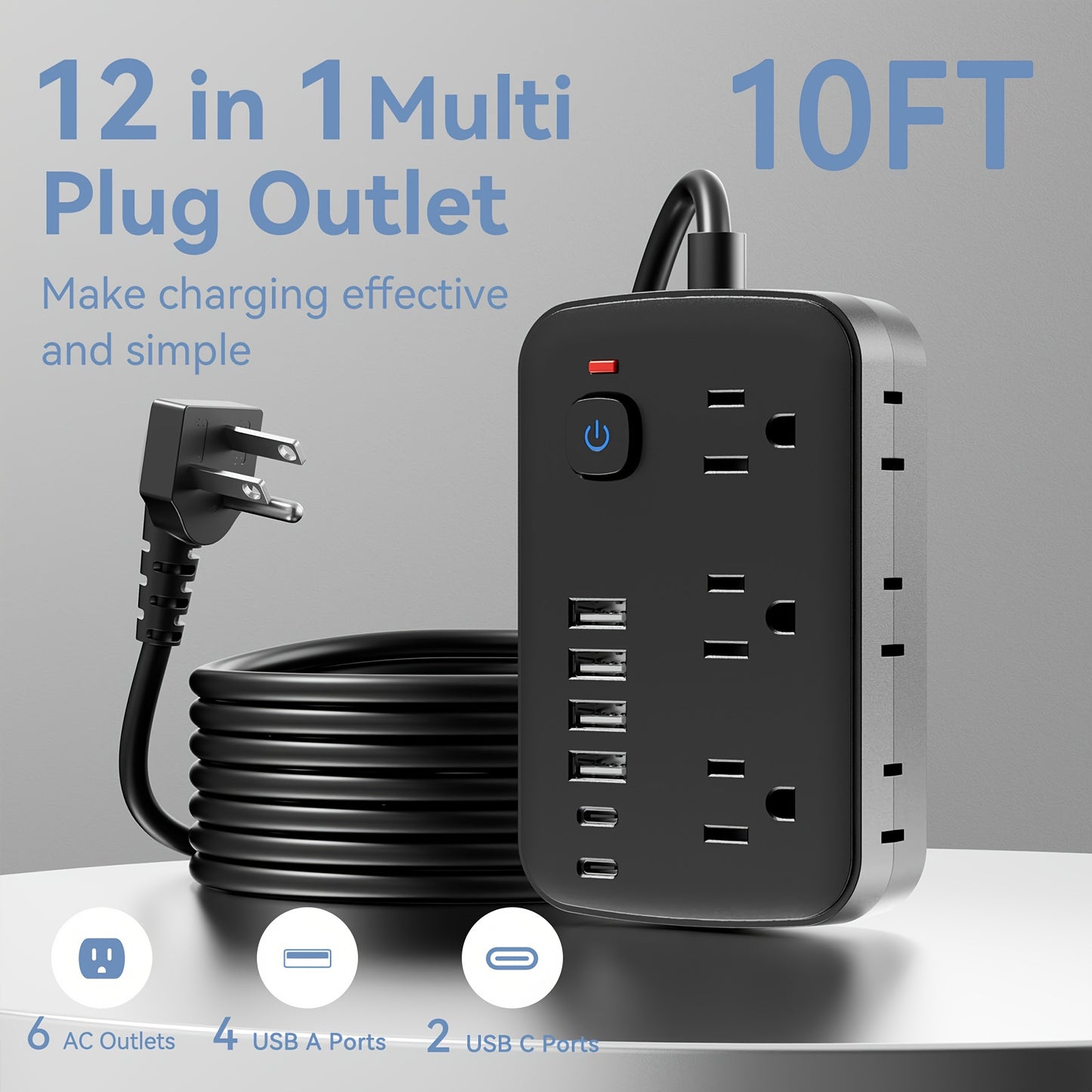 Slim 6-Outlet Power Strip with 6 USB Connections (2 USB-C) | 5FT/10FT Cable, Suitable for Wall Mounting in Offices, Schools, And Dormitories
