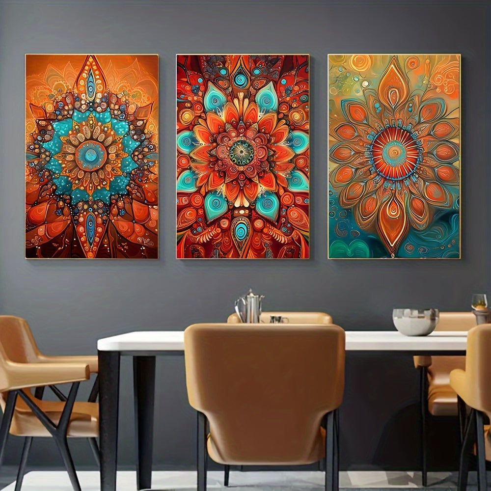 3pcs Bohemian Abstract Floral Canvas Art Set, Geometric Mandala Wall Decor, Unframed Spray-Painted Posters for Living Room, Bedroom, Home Office - Classic Retro Style, Vertical Orientation