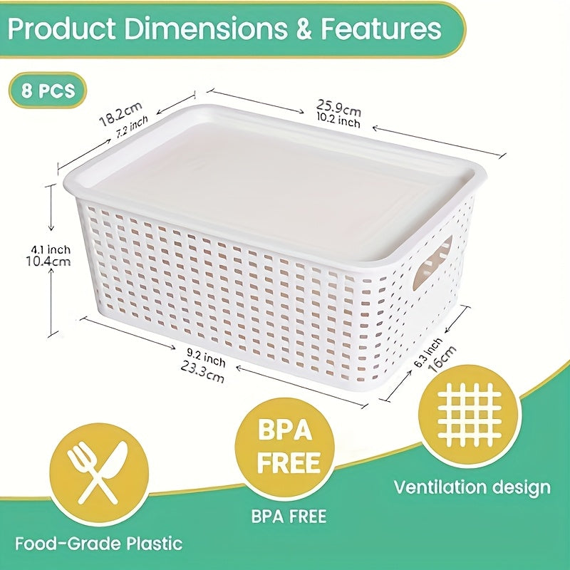 8pcs Modern Plastic Storage Bins with Lids - Versatile Organizer for Home, Office, and Toys, White Rectangular Design with Multiple Compartments for Document, Toy, and Small Items, Toy Storage, Shelf Baskets