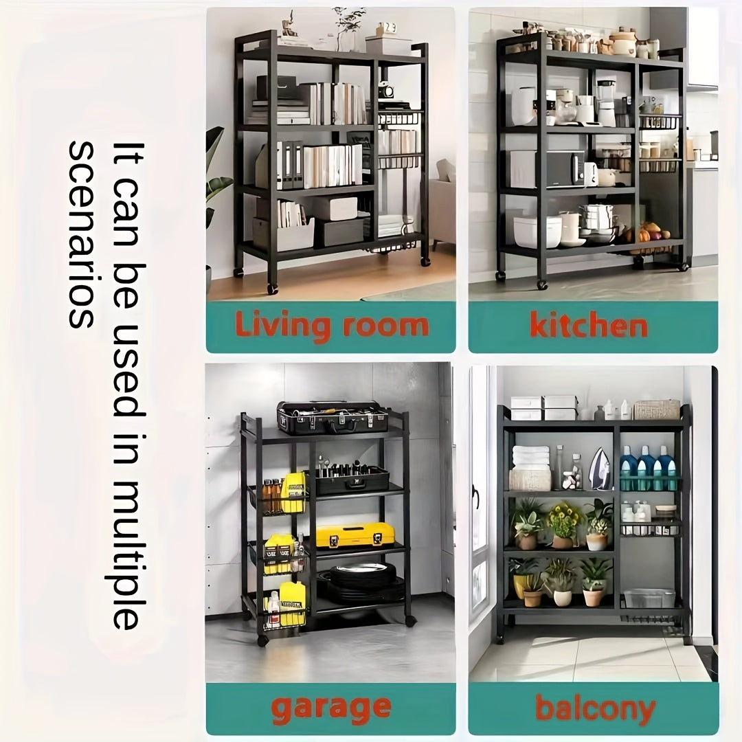 Movable Storage Rack, Adjustable 4-Layer Storage Rack with 3 Wire Baskets