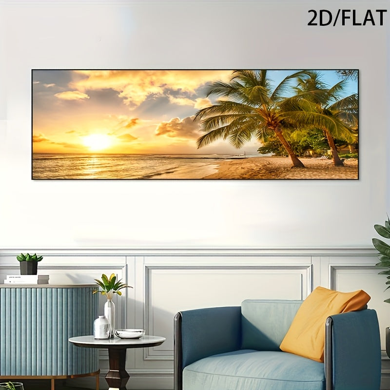 2D Flat, 1pc Modern Tropical Beach Sunset Canvas Wall Art - Large Palm Tree & Ocean View Poster, Frameless Indoor Living Room Decor, Vibrant Palm Tree Decor, 2D Flat