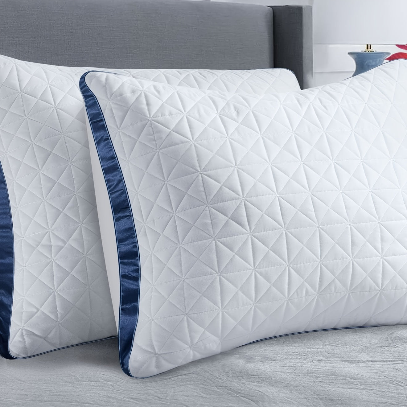 2-Pack Luxury Cooling Bed Pillows - Breathable Down Alternative Gusseted Supportive Pillows with White & Navy Blue Elegant Pattern, Soft Fiber Fill, Machine Washable - Hotel & Home Bedding for Side/Back/Stomach Sleepers, All-