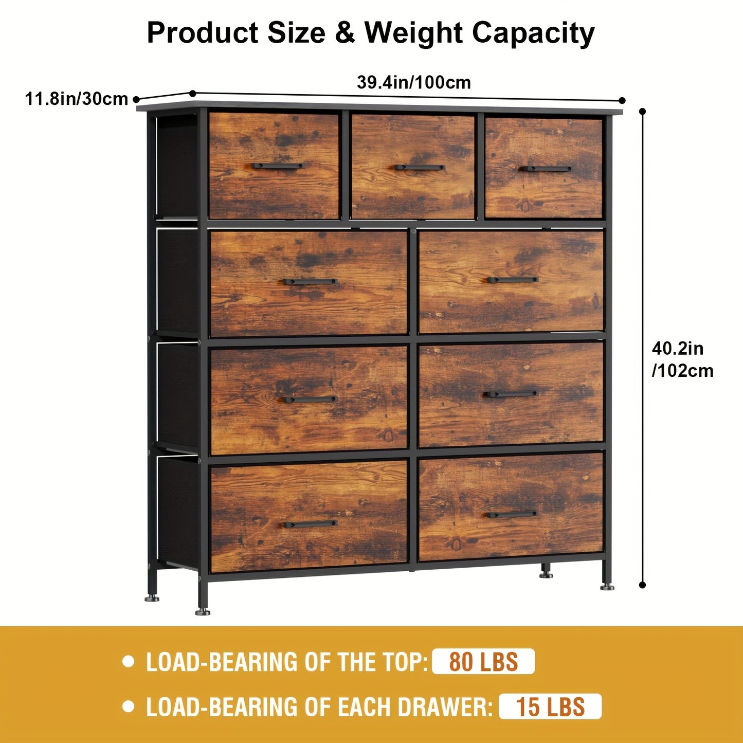 5/8/9 Fabric Drawers Dresser For Bedroom, Storage Drawers, Chest Organizer Units With Wooden And Steel Frame Top For Bedroom, Living Room, Closet, Living Room, Entryway, Black/Grey/Nature