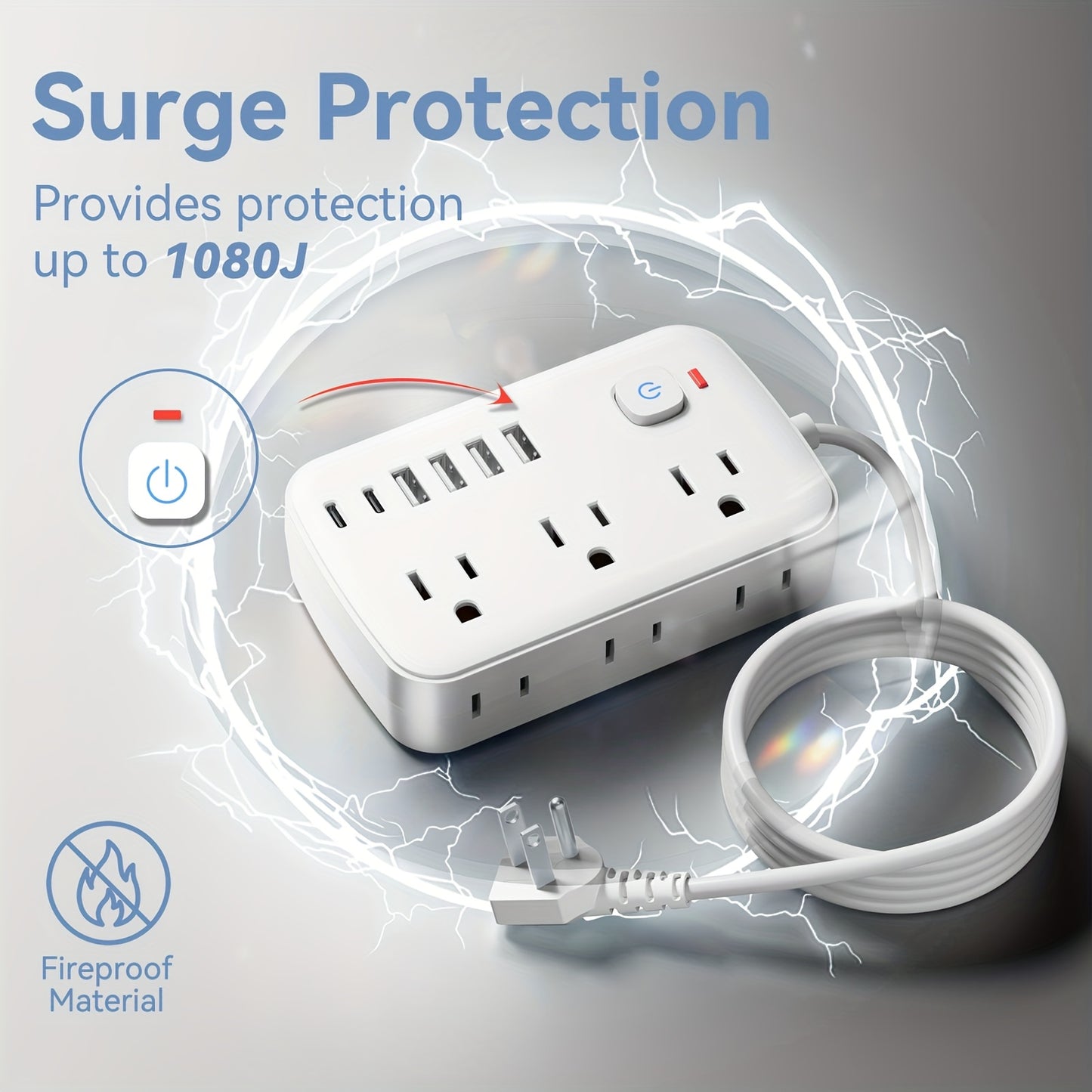 Slim 6-Outlet Power Strip with 6 USB Connections (2 USB-C) | 5FT/10FT Cable, Suitable for Wall Mounting in Offices, Schools, And Dormitories