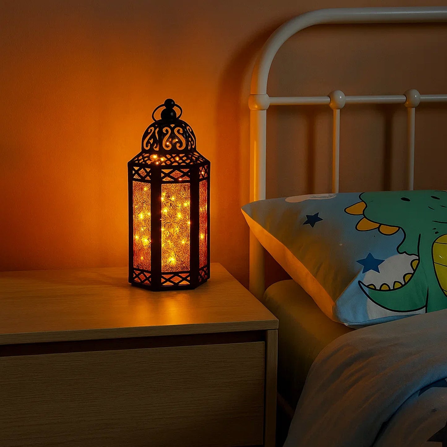Stunning Ambient Lighting Safe and Stylish Glass Metal Moroccan Candle Lantern Holder Lamp with Battery-Operated LED Lights plus Remote Control – Handcrafted Lantern with Intricate Design and Embossed Glass, Indoor Home Dec