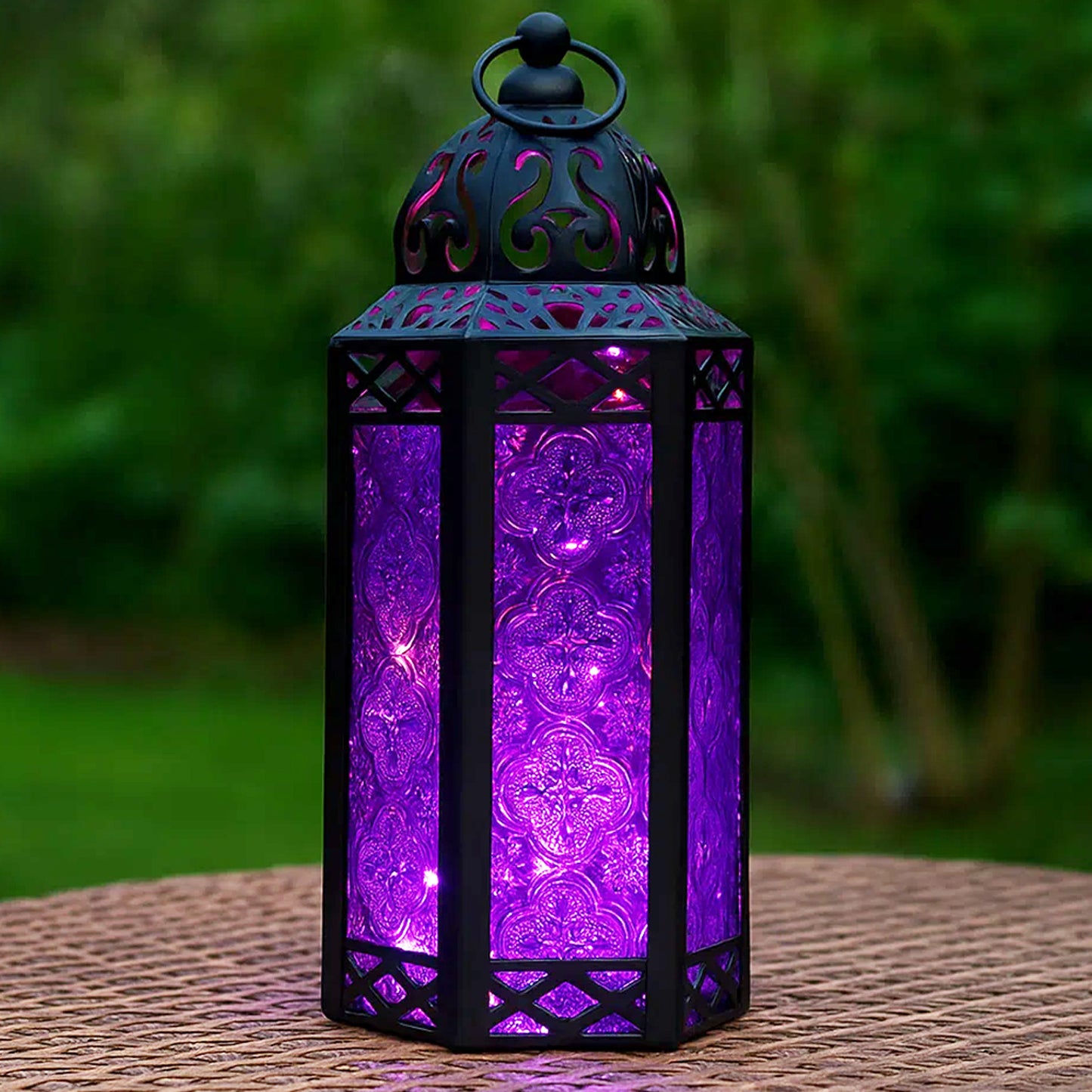 Stunning Ambient Lighting Safe and Stylish Glass Metal Moroccan Candle Lantern Holder Lamp with Battery-Operated LED Lights plus Remote Control – Handcrafted Lantern with Intricate Design and Embossed Glass, Indoor Home Dec