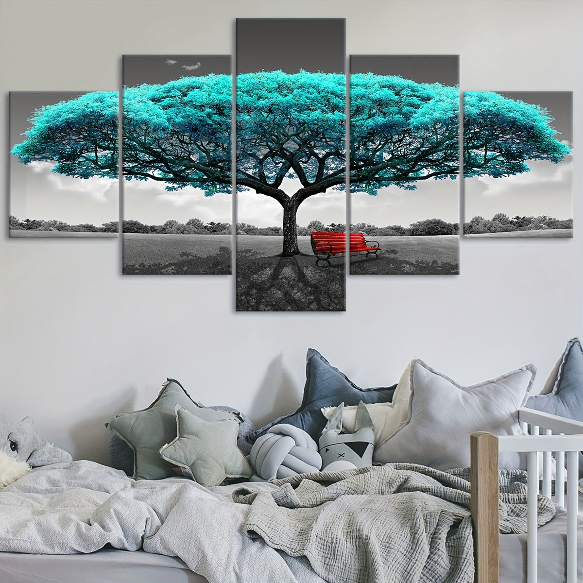 5pcs Frame Green Happiness Tree Canvas Poster, Five Panel Scene Art, Modular Picture, Print Painting, Modern Art, Ideal Decor for Bedroom Living Room Kitchen Dorm, Wall Decoration, Gift for Family Friends, Murals, Waterproof,