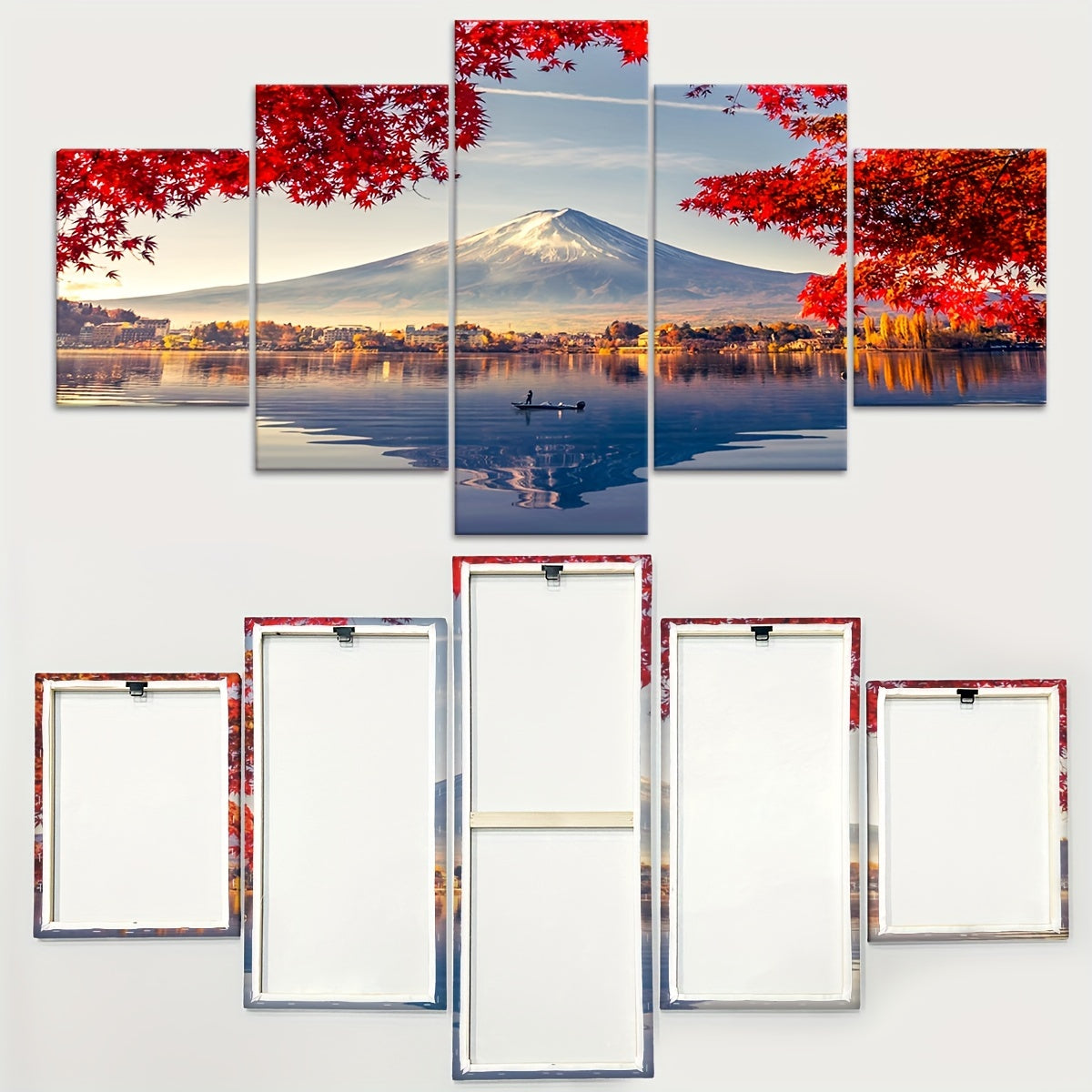 5pcs Frame Snowy Mountains And Lakes Maple Leaf Tree Canvas Poster, Natural Landscape Five Panel Scene Art, Modular Picture, Print Painting, Modern Art, Ideal Decor for Bedroom Living Room Kitchen Dorm, Wall Decoration, Gift