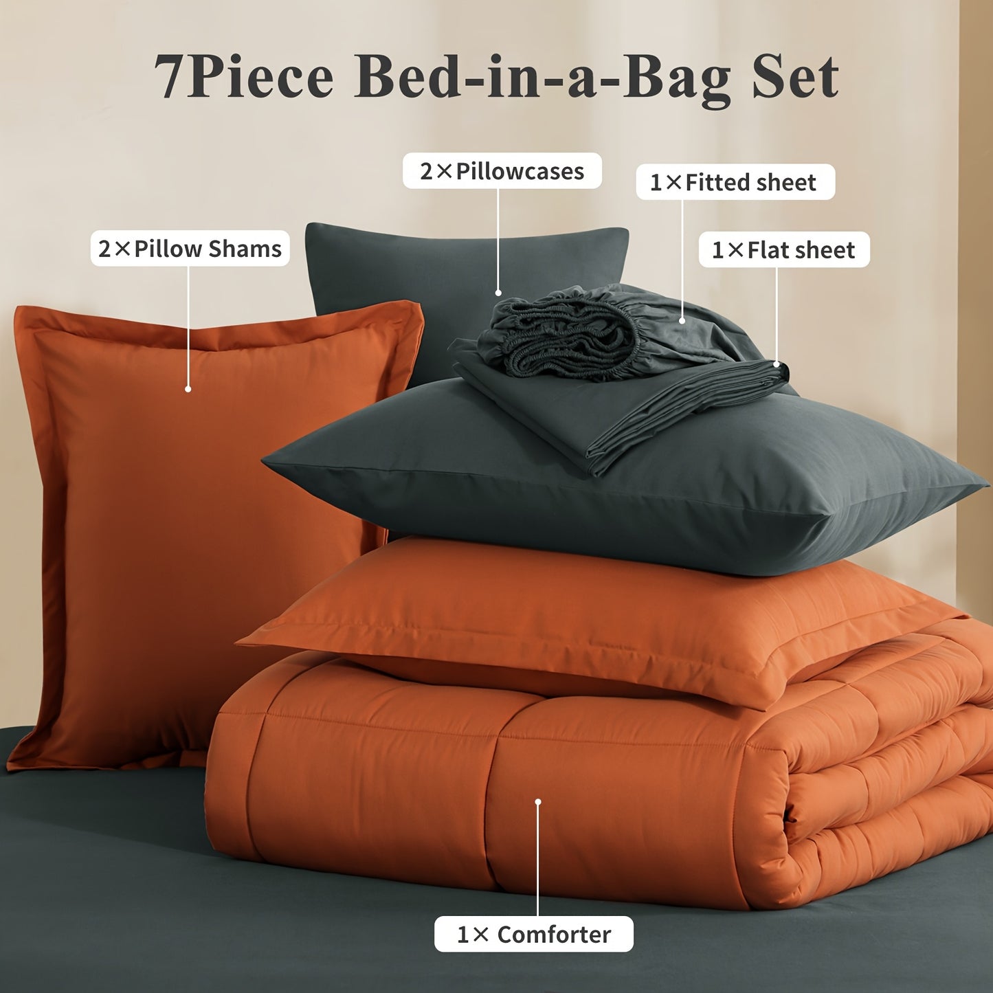 7pcs Ultra-Soft Bed In A Bag, Down Alternative Bedding Sets with All Season Quilted Comforter, Flat Sheet, Fitted Sheet, Pillowcases - Gifts for The Family And Friends, RUIKASI, Machine Washable, Polyester 100, Acrylic 15, Sa