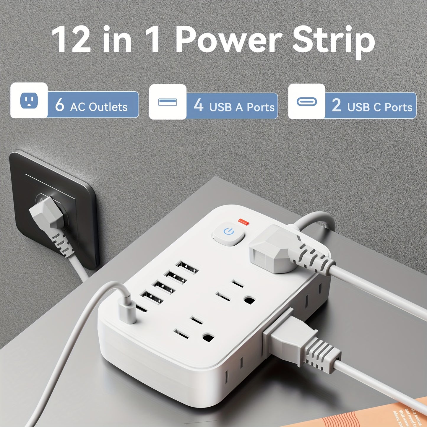 Slim 6-Outlet Power Strip with 6 USB Connections (2 USB-C) | 5FT/10FT Cable, Suitable for Wall Mounting in Offices, Schools, And Dormitories