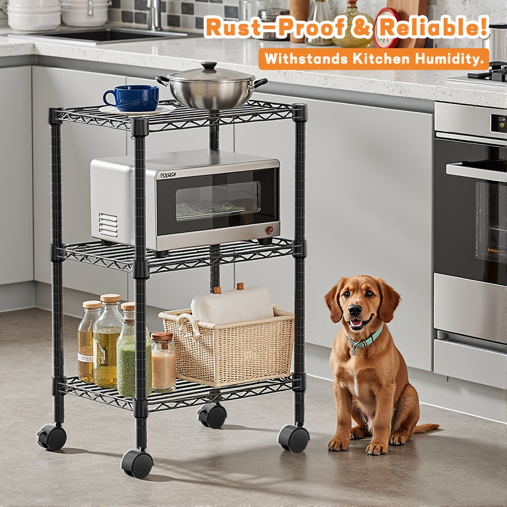 Adjustable Height Heavy-Duty Steel Wire Shelving Unit with 4-Wheel Mobility & Leveling Feet - 3-Tier Metal Storage Shelves with Chrome Finish, Space-Saving Freestanding Organizer for Kitchen, Bathroom, Garage, Laundry Room -