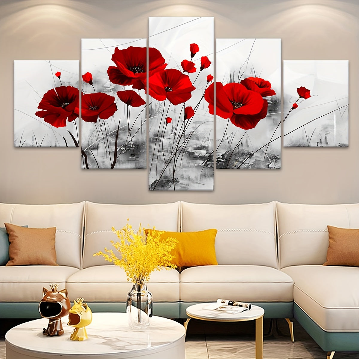 5pcs Modern Red Poppy Canvas Art Set - Vibrant Five-Panel Wall Decor, Waterproof & Odorless, Perfect for Living Room, Bedroom, or Kitchen, Ideal Gift for Family and Friends, Poppy Flower Decor