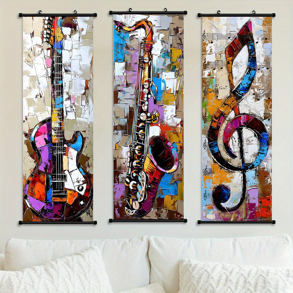 - 3pcs Vibrant Music Hanging Scroll Painting Set Showcasing Notes, Guitar and Saxophone Art, Artwork Wall Art Bathroom Bedroom Living Room Wall Decor, Home Decor, Aesthetic Room Decoration