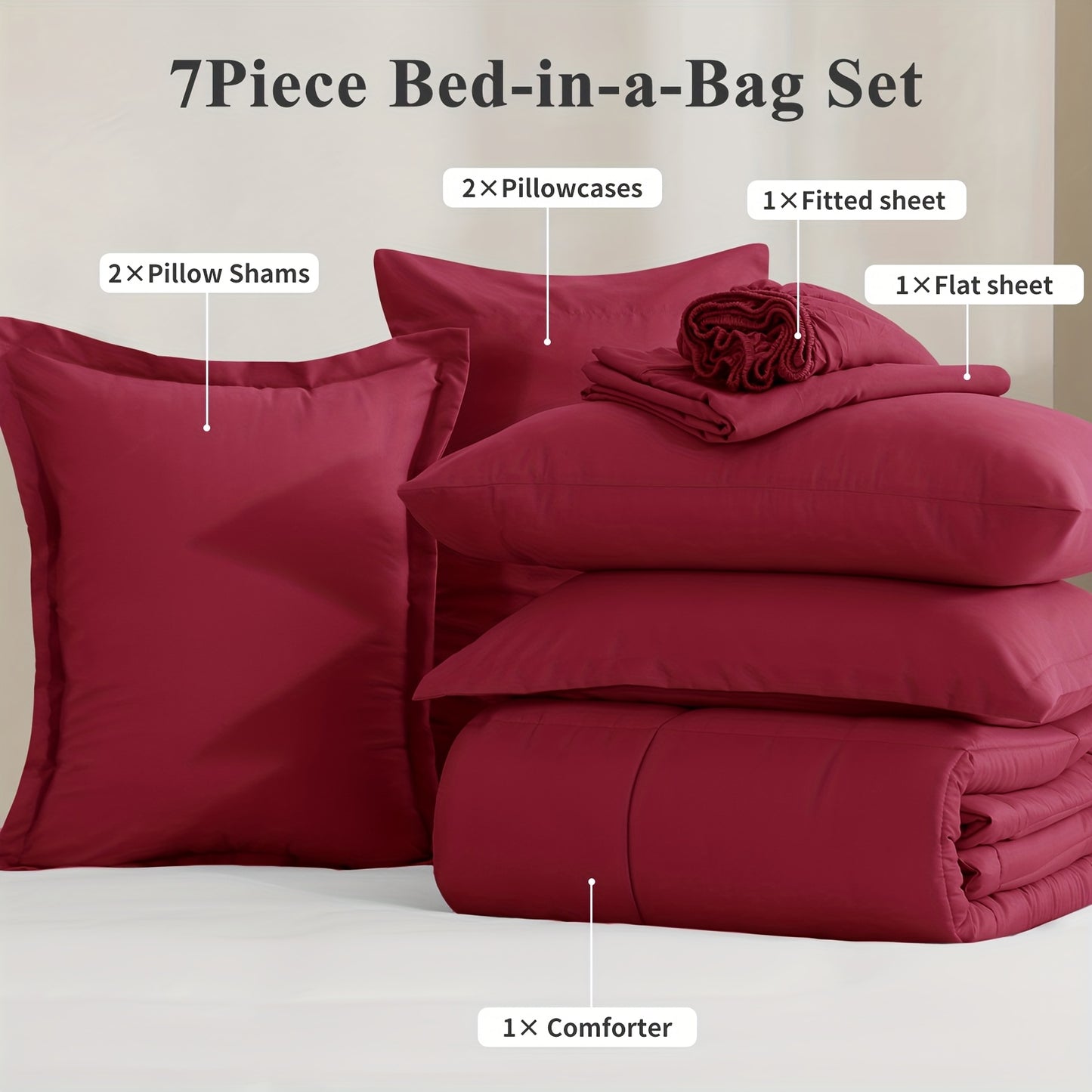 7pcs Ultra-Soft Bed In A Bag, Down Alternative Bedding Sets with All Season Quilted Comforter, Flat Sheet, Fitted Sheet, Pillowcases - Gifts for The Family And Friends, RUIKASI, Machine Washable, Polyester 100, Acrylic 15, Sa