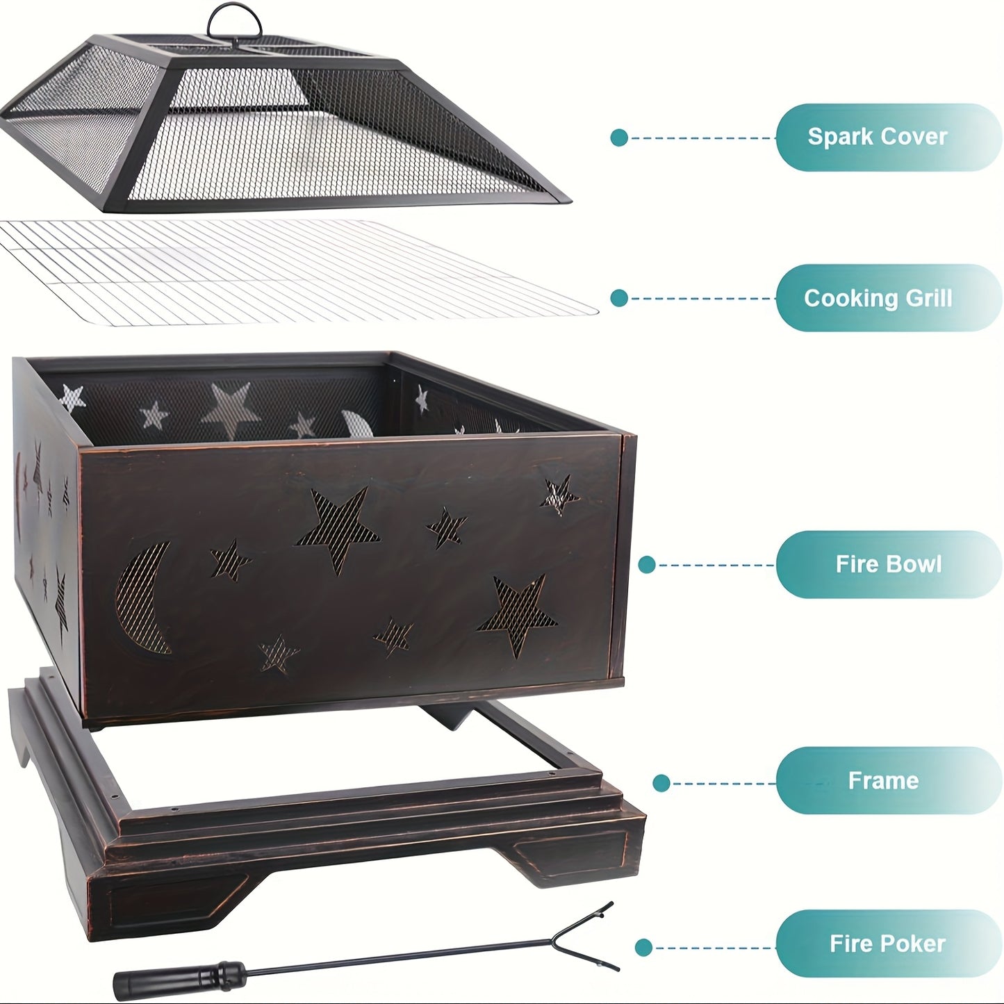 26in Fire Pit Set with Spark Screen, Mesh Cover And Poker, Heating Equipment Equipment, Use for Outside Bonfire Patio Picnic BBQ